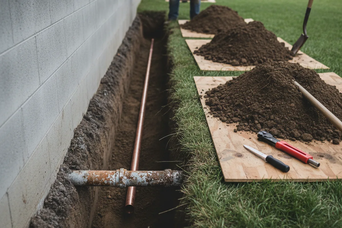 Excavated water line trench during Water Heater Repair in Moscow
